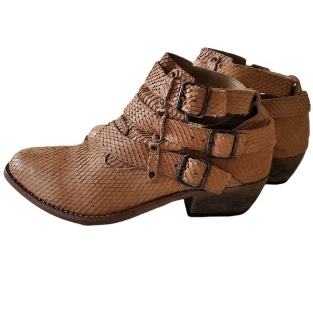 Matisse Bobbie Cognac Snake Embossed Leather Buckle Straps Ankle Boots